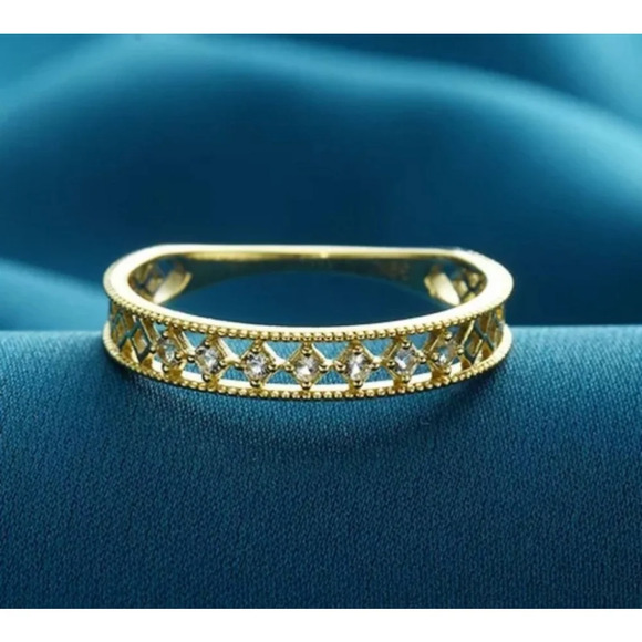 Women's Simulated Diamond Lattice 18k Gold Plated S925 Band Ring,‎ Adjustable - Picture 2 of 13